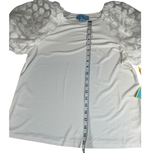 CeCe Mixed Media Round Neck Polka Dot Puff Short Sleeve Top Medium White NWT - Picture 9 of 10